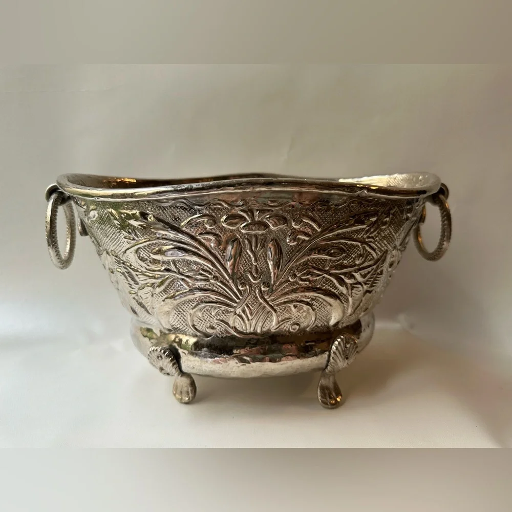 Silver Ornately Embossed Vintage Hammered Footed Planter, Bowl, Ice Bucket - Picture 2 of 7